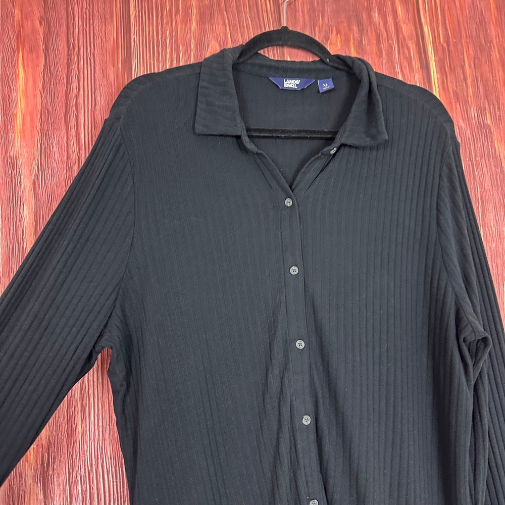 Lands End Womens XL Black Ribbed Knit Button Up Long Sleeve Collared Shirt Top - Picture 2 of 6